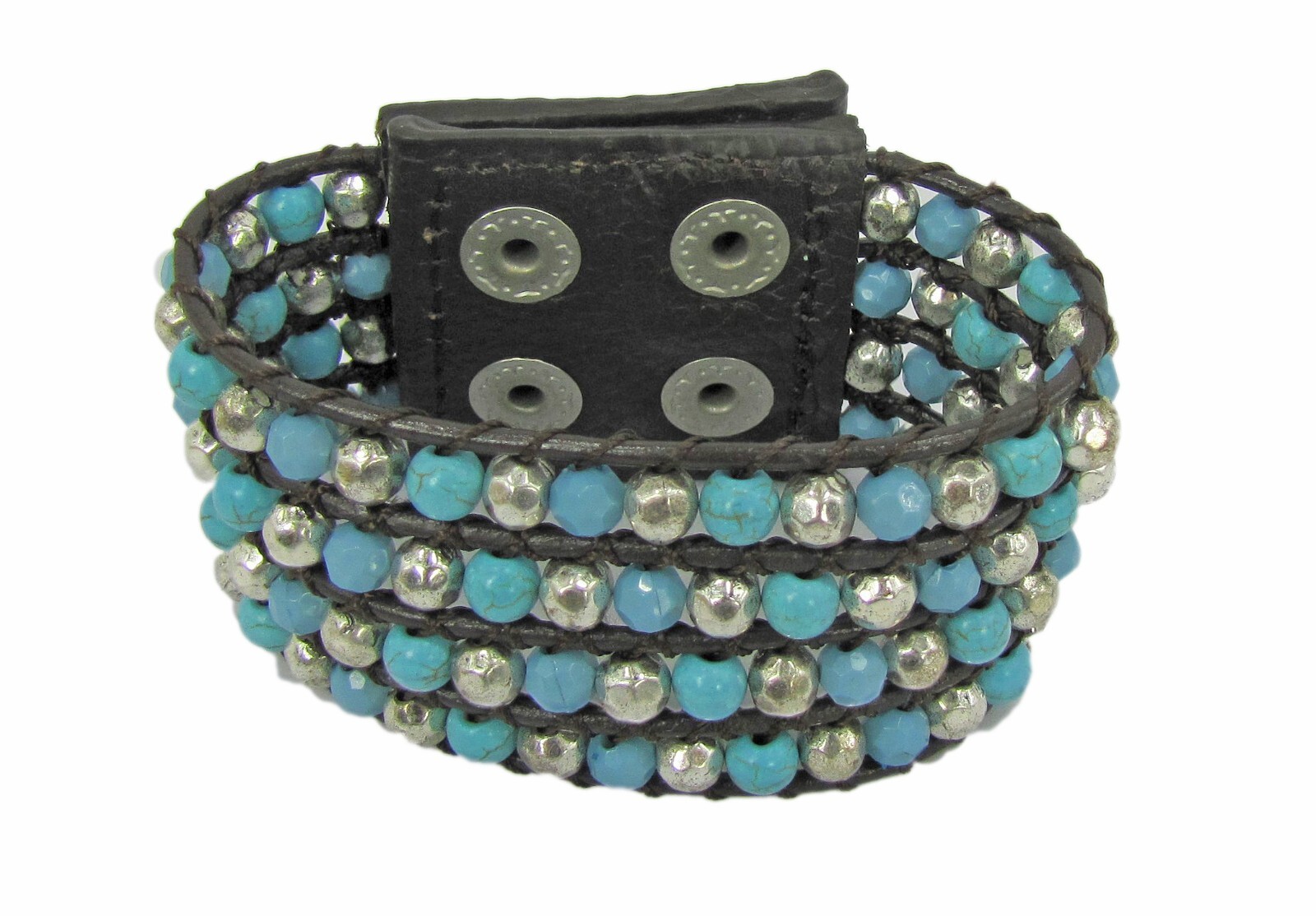 Wide turquoise and silver beaded leather bracelet , snap closure, brown leather