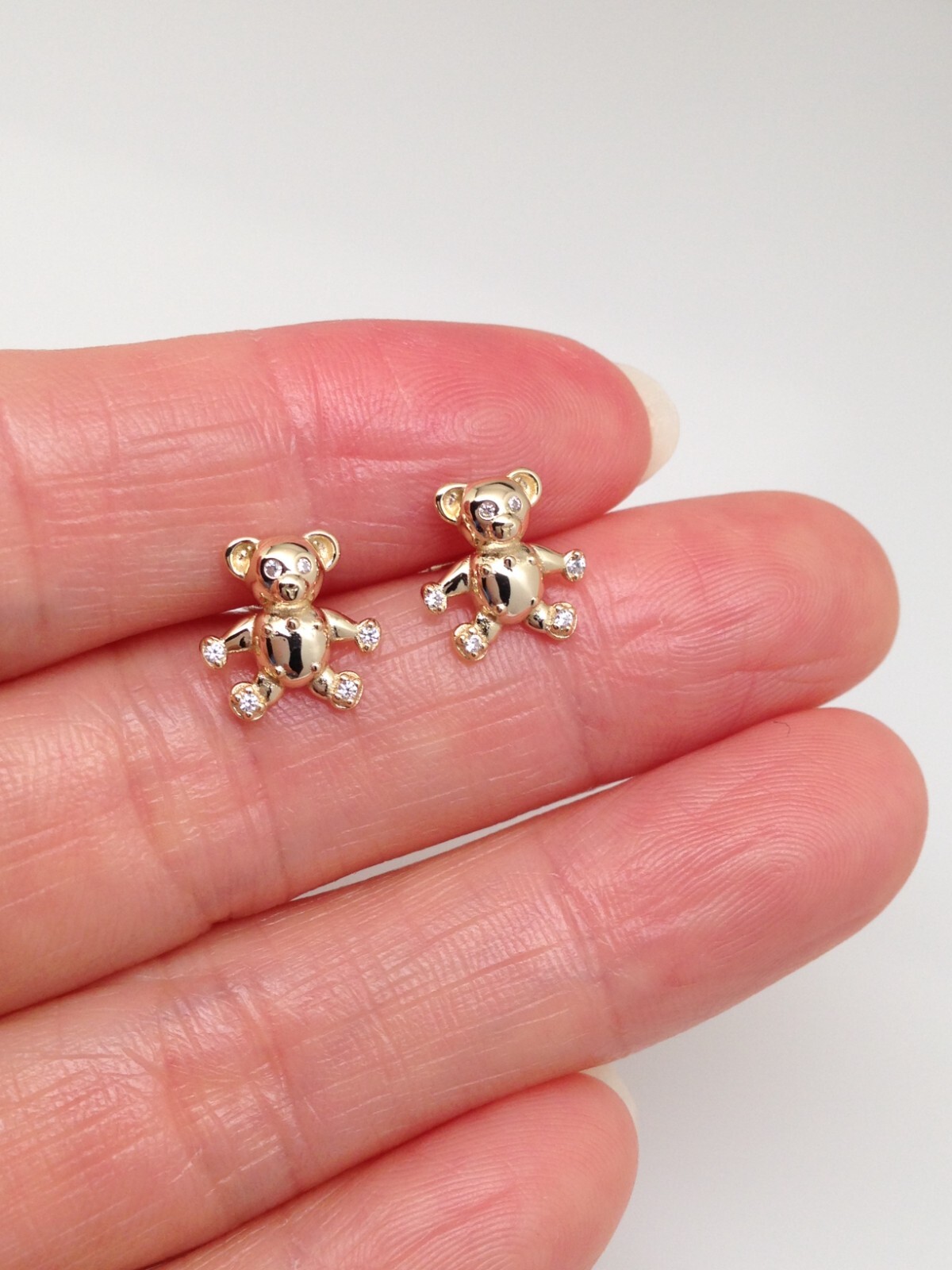 925 Sterling Silver CZ Gold Teddy Bear Stud Earrings Tiny Dainty 9mm Women Girls