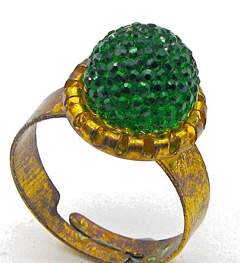 Dazzling Vintage Green Crystal Dome Ring Adjustable Gold Tone Cocktail Ring