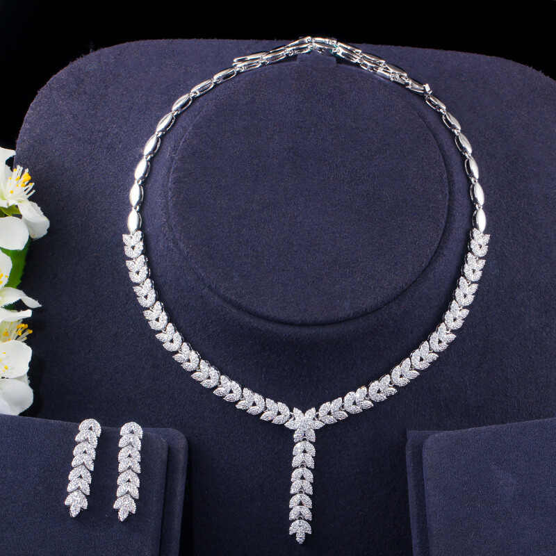 Silver Plated Leaf Necklace and Earrings Dangle Cubic Zircon Wedding Jewelry Set