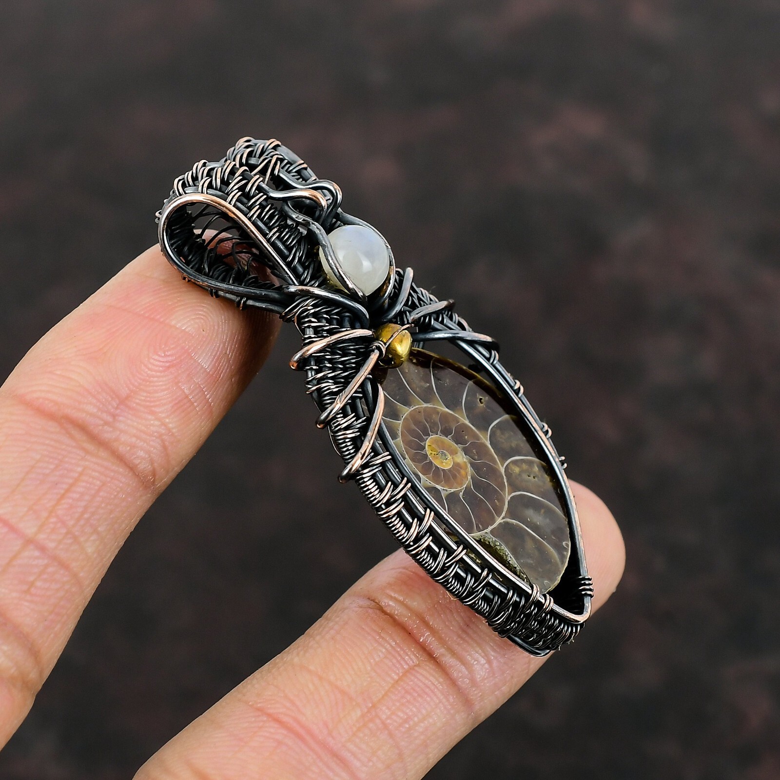 Birthday Gift For Her Ammonite Fossil Wire Wrapped Pendant Copper Jewelry 2.36″