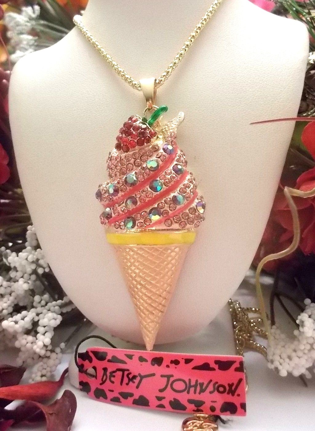 BETSEY JOHNSON PINK CRYSTAL & ENAMEL STRAWBERRY ICE CREAM CONE PENDANT NECKLACE