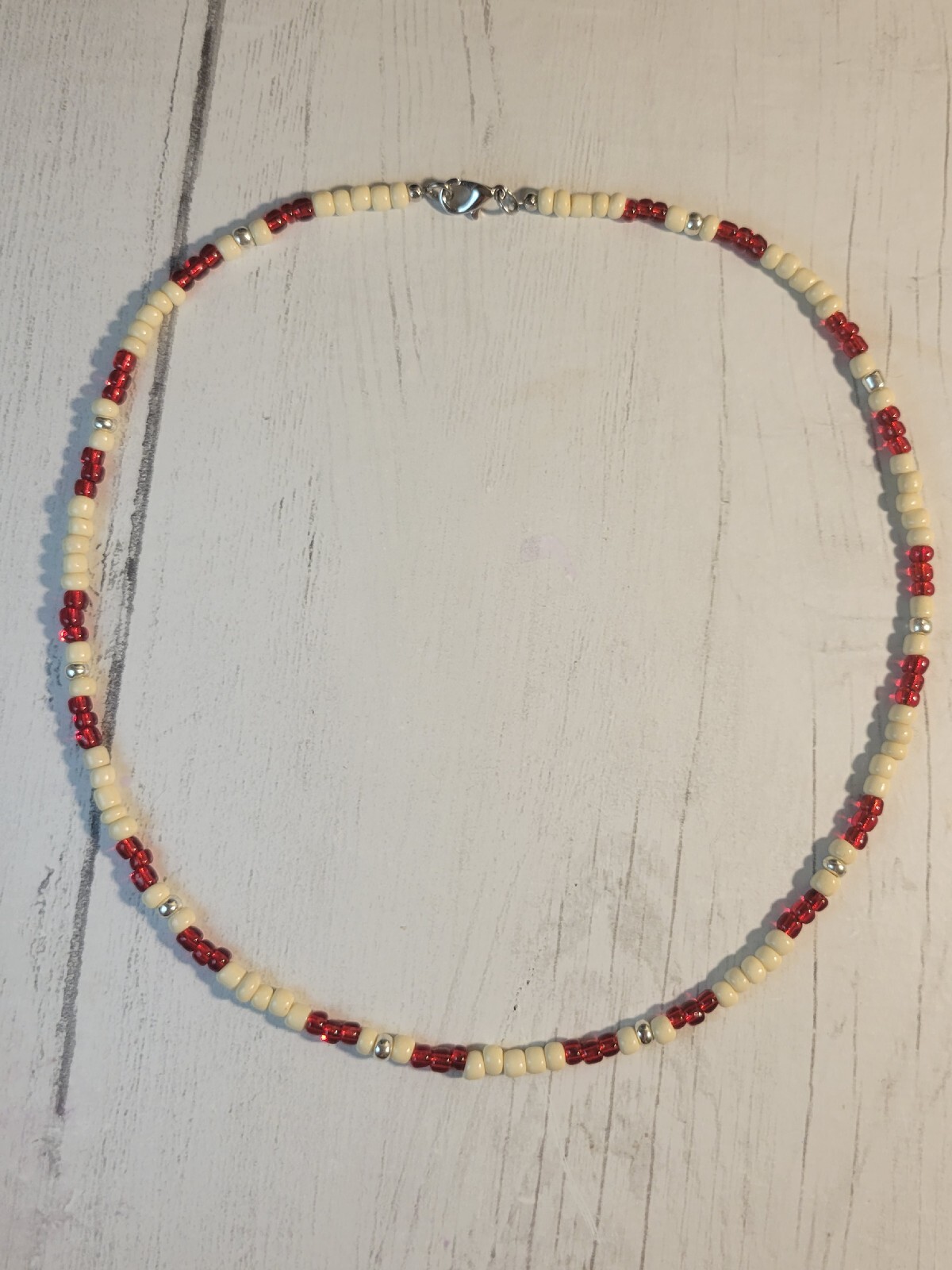 Cream, Silver, & Red Surfer Beaded Handmade Boho Choker Necklace Hippie Beads