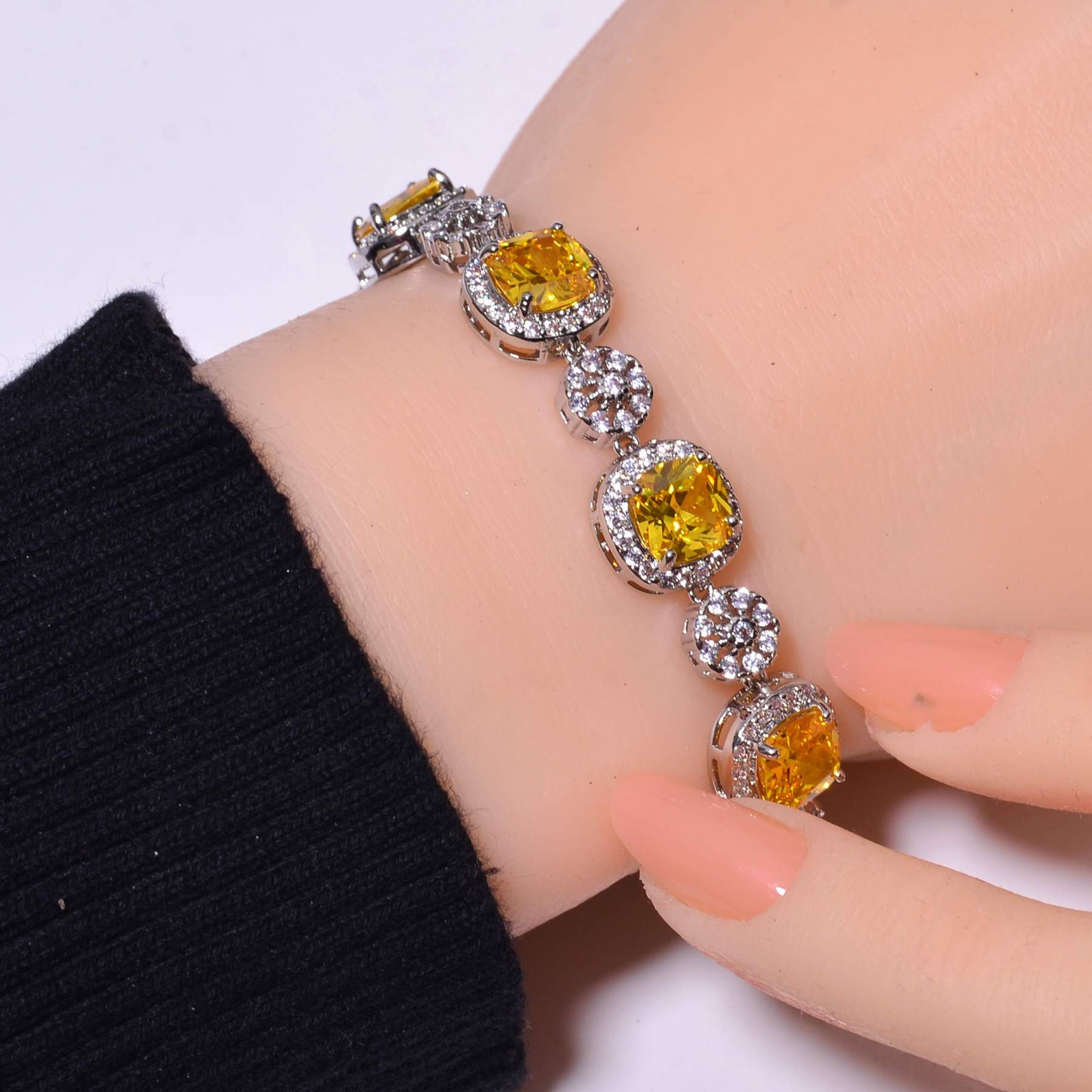 Yellow Sapphire & Cz (Simulated) 925 Sterling Silver Tennis Bracelet 8.99″ B14