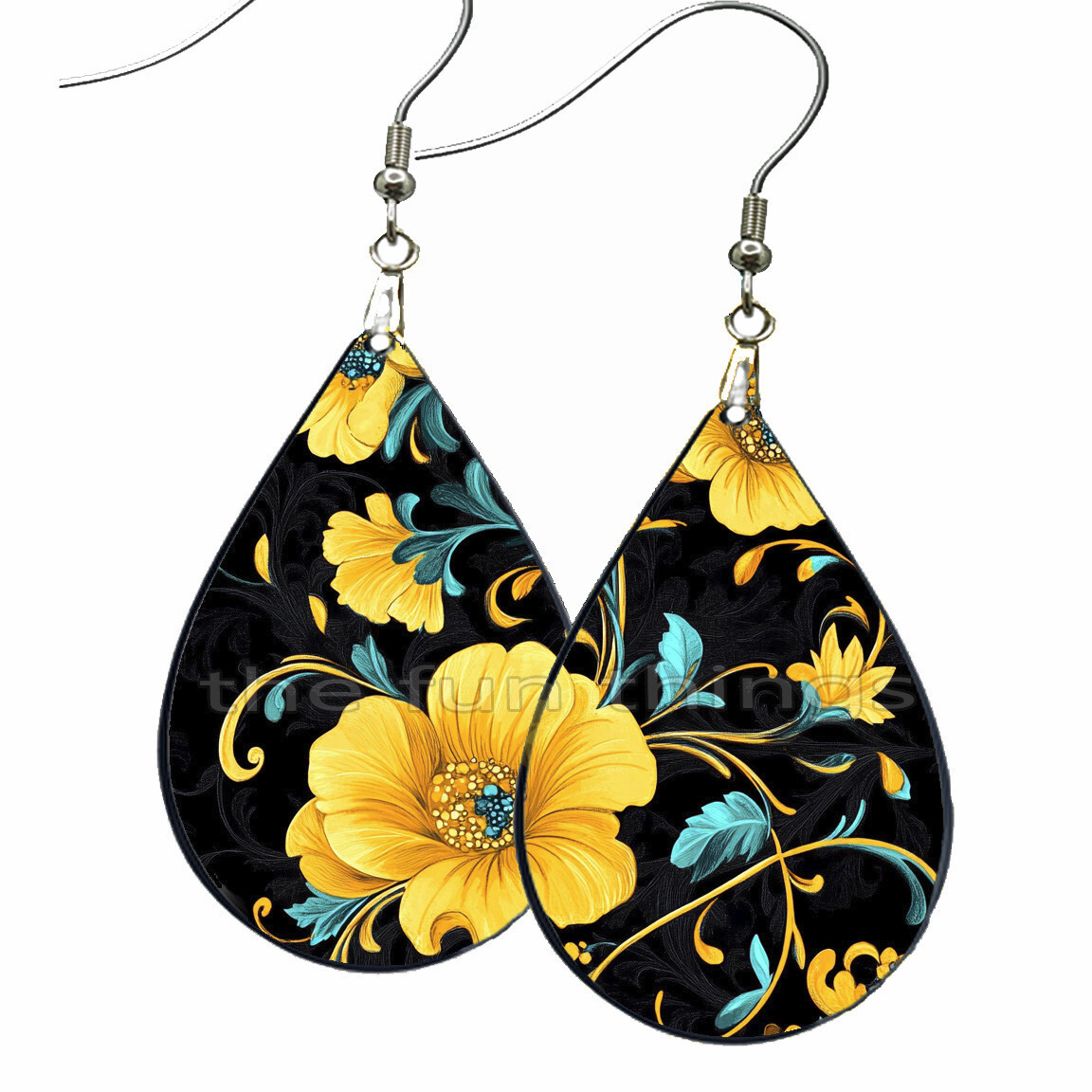 Yellow Teal Summer Flowers Earrings Teardrop NO TARNISH Wood Floral Jewelry Gift