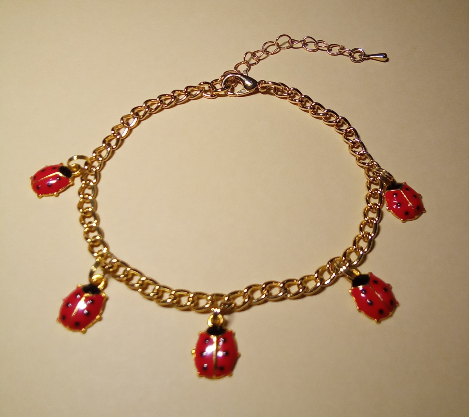 Ladybug Bracelet Gold tone chain 5 red black enamel charms ext chain Summer CUTE