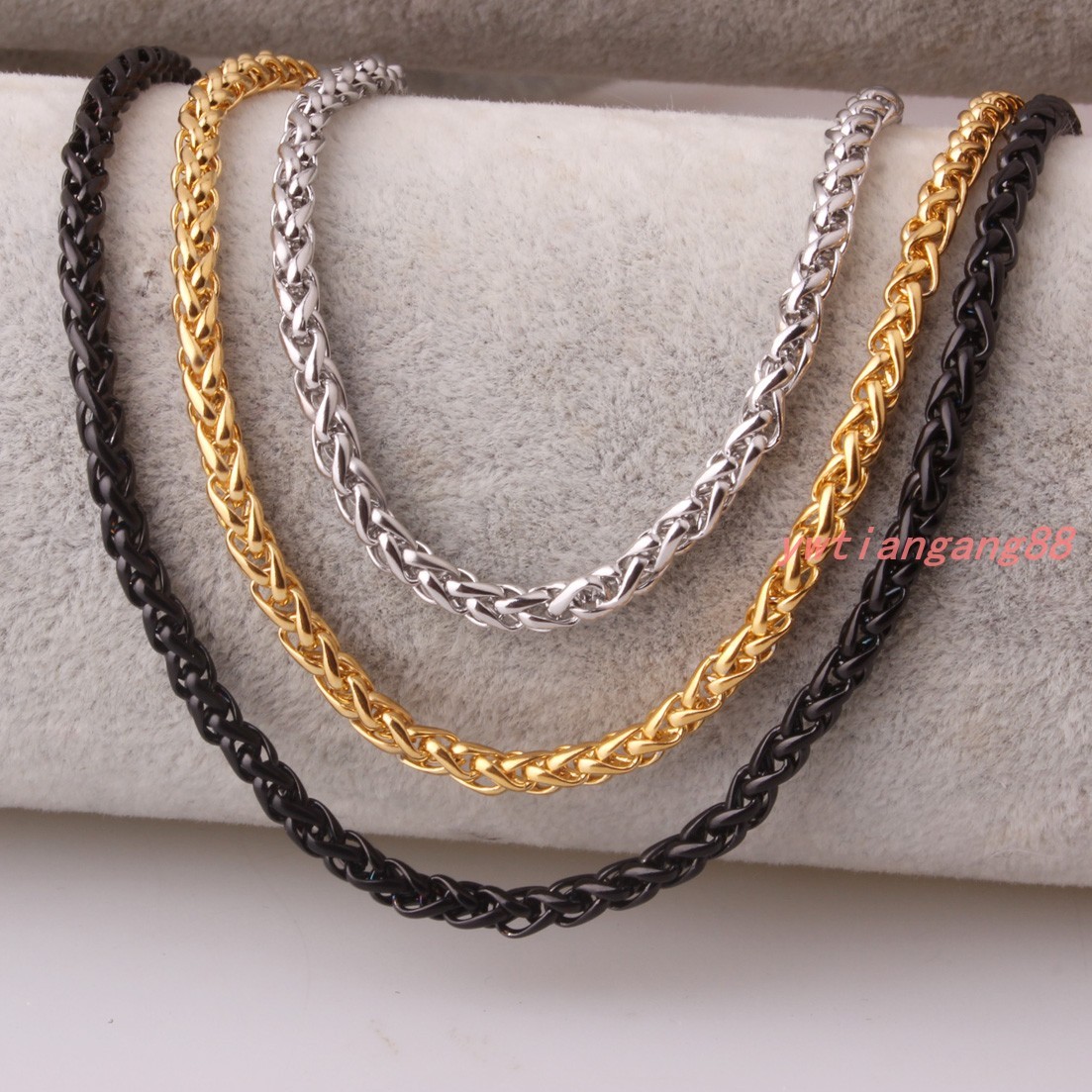 Braided Wheat Link 3-6MM Mens Chain Silver/Gold/Black Stainless Steel Necklaces