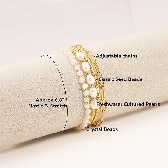 Gold Pearl Beaded Bracelets for Women,gold Pearl Stackable Stretch Be…