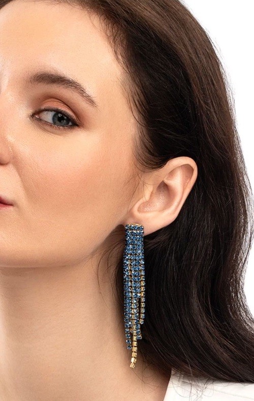 Deepa Gurnani Blue Asymmetrical Crystal Fringe Elisa Statement Earrings New