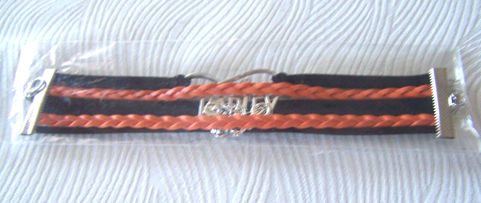 Harley Davidson Orange & Black Leather Metal Bracelet Motorcycle & Love Charms