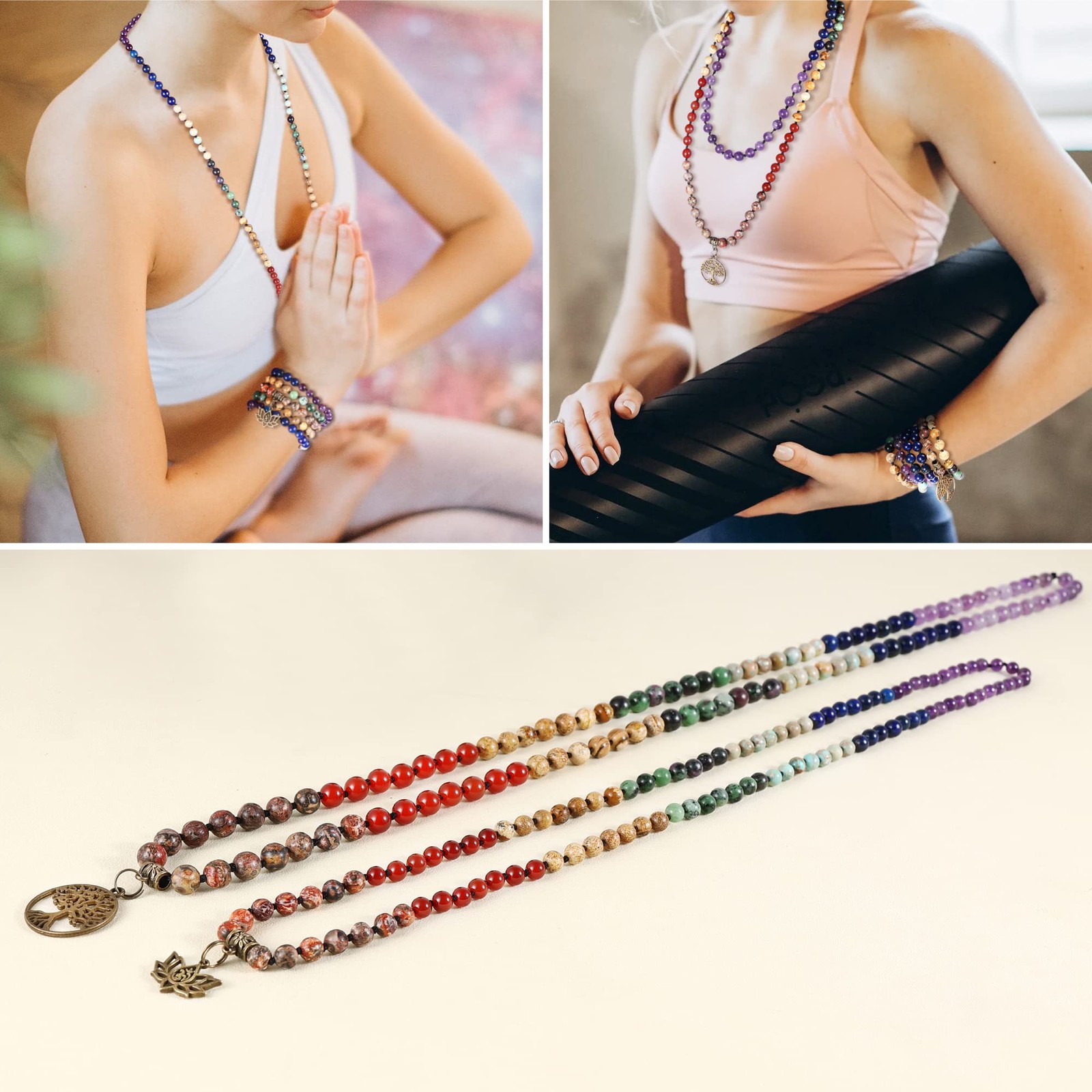 7 Chakra 108 Mala Beads Bracelet Real Gemstone Yoga Meditation Hand Knotted M…