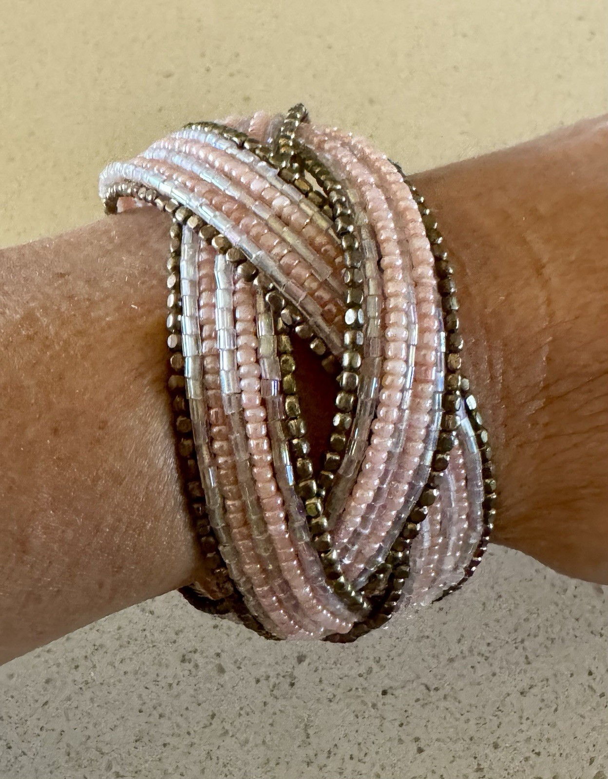Bundle! Beaded Necklace Clear & Pink Silver Tone 36+” w/vintage beaded cuff!