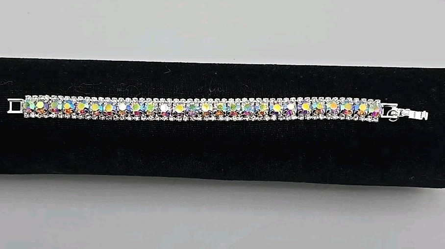 Sparkling AB Rhinestone Crystal Silver Tone Tennis Bracelet 7.25″ AuroraBorealis