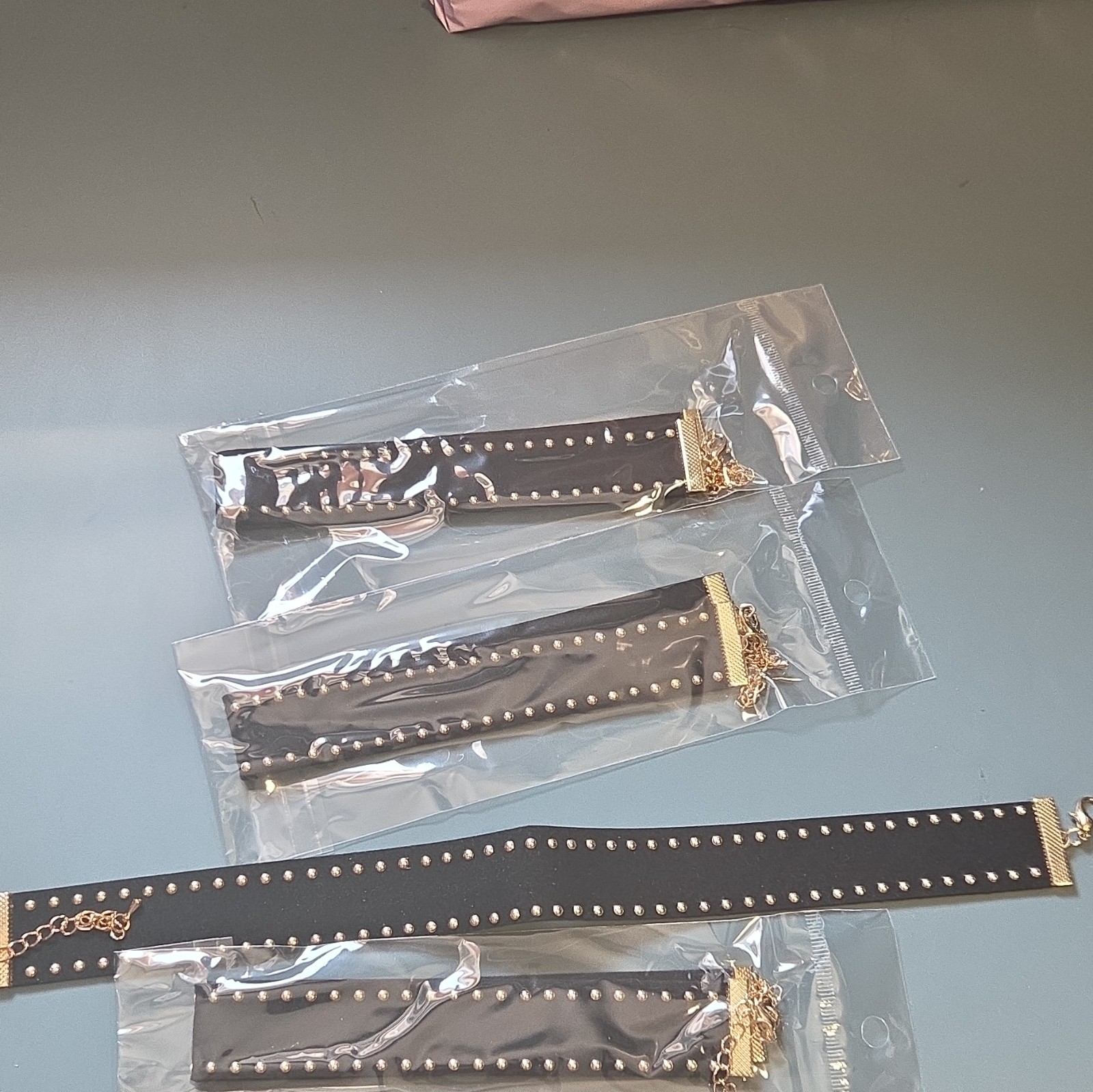 5 x Black Studded choker , Gold Cable Chain, Adjustable Lobster Clasp