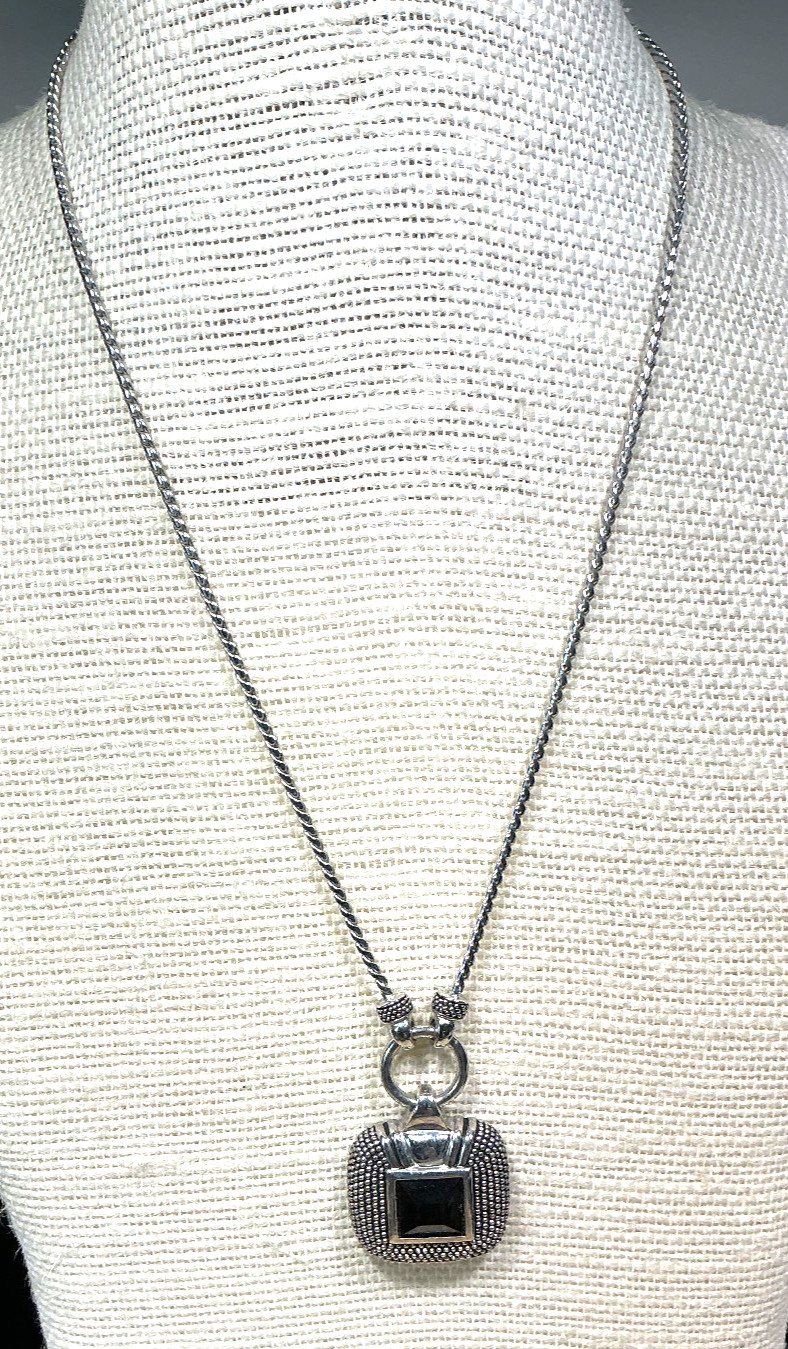 Fashion Necklace Silver Tone Black Acrylic Textured Metal Pendant Lot 103D