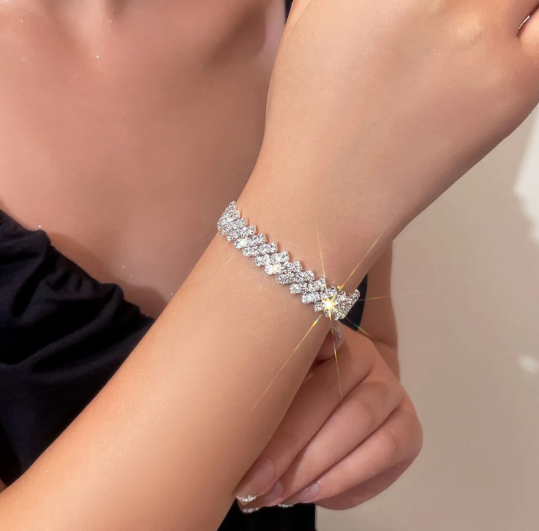 Shiny Full Rhinestone Bracelet Copper Silver Plated Adjustable Chain