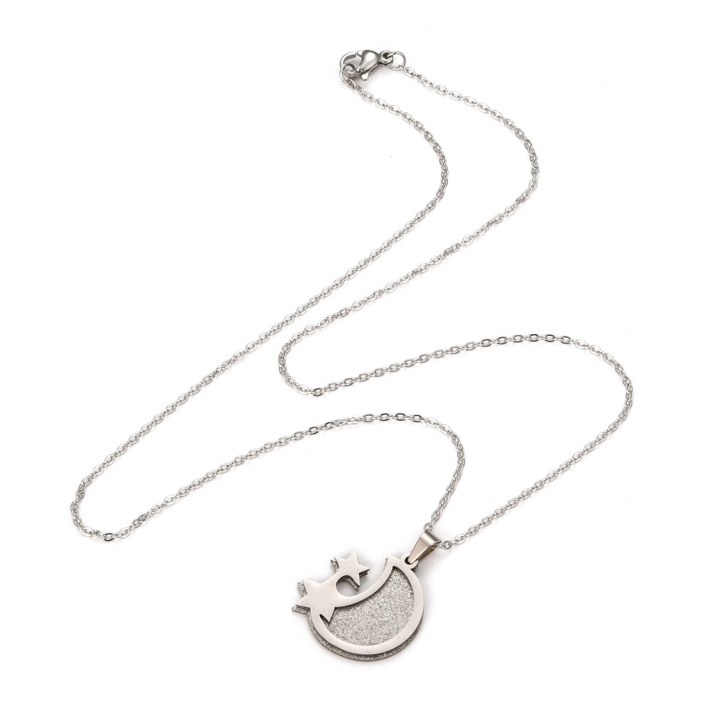 Stainless Steel Set Pendant Necklace Earrings Moon Star Silver 17.72″ 0.7mm Z820