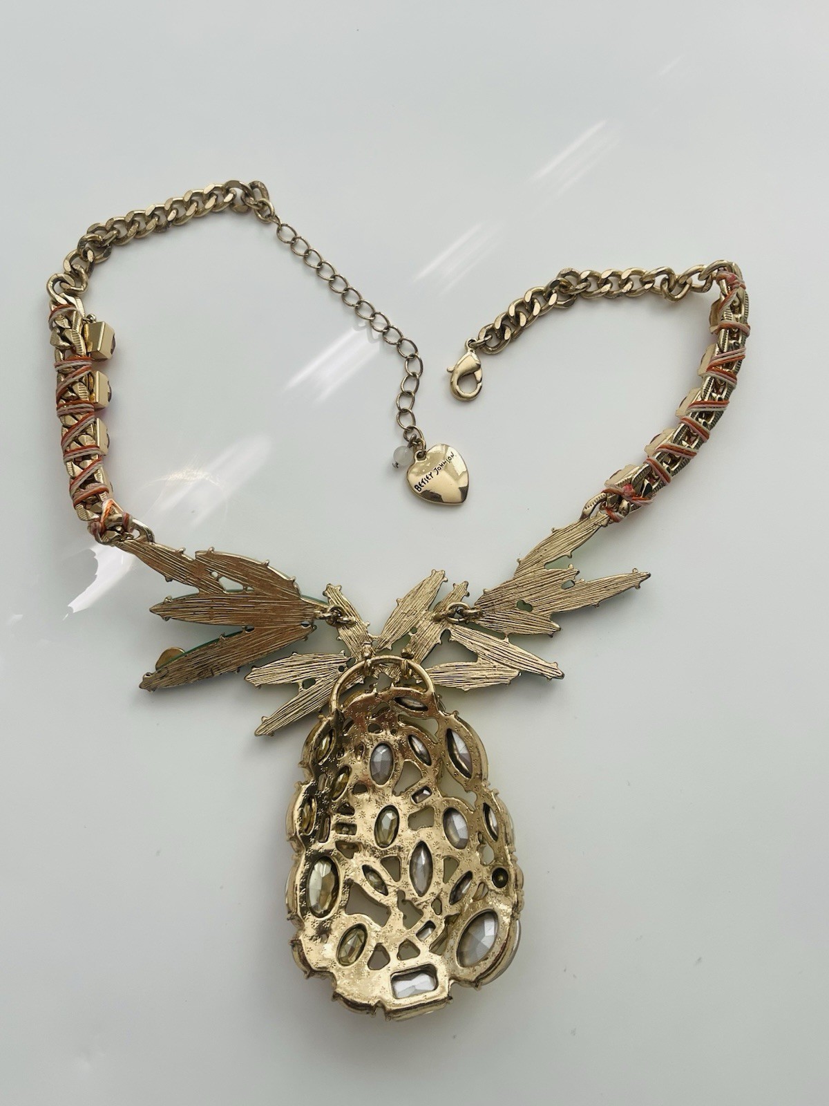 Betsey Johnson Very Large Rhinestone Pineapple Pendant Statement Necklace 18″