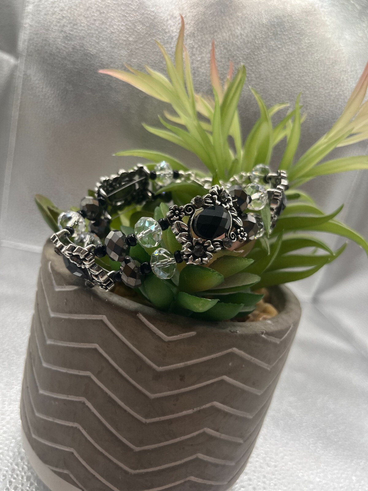 Silver W/Square Accents/Clear&Black Iridescent Swarovski Crystals 8″