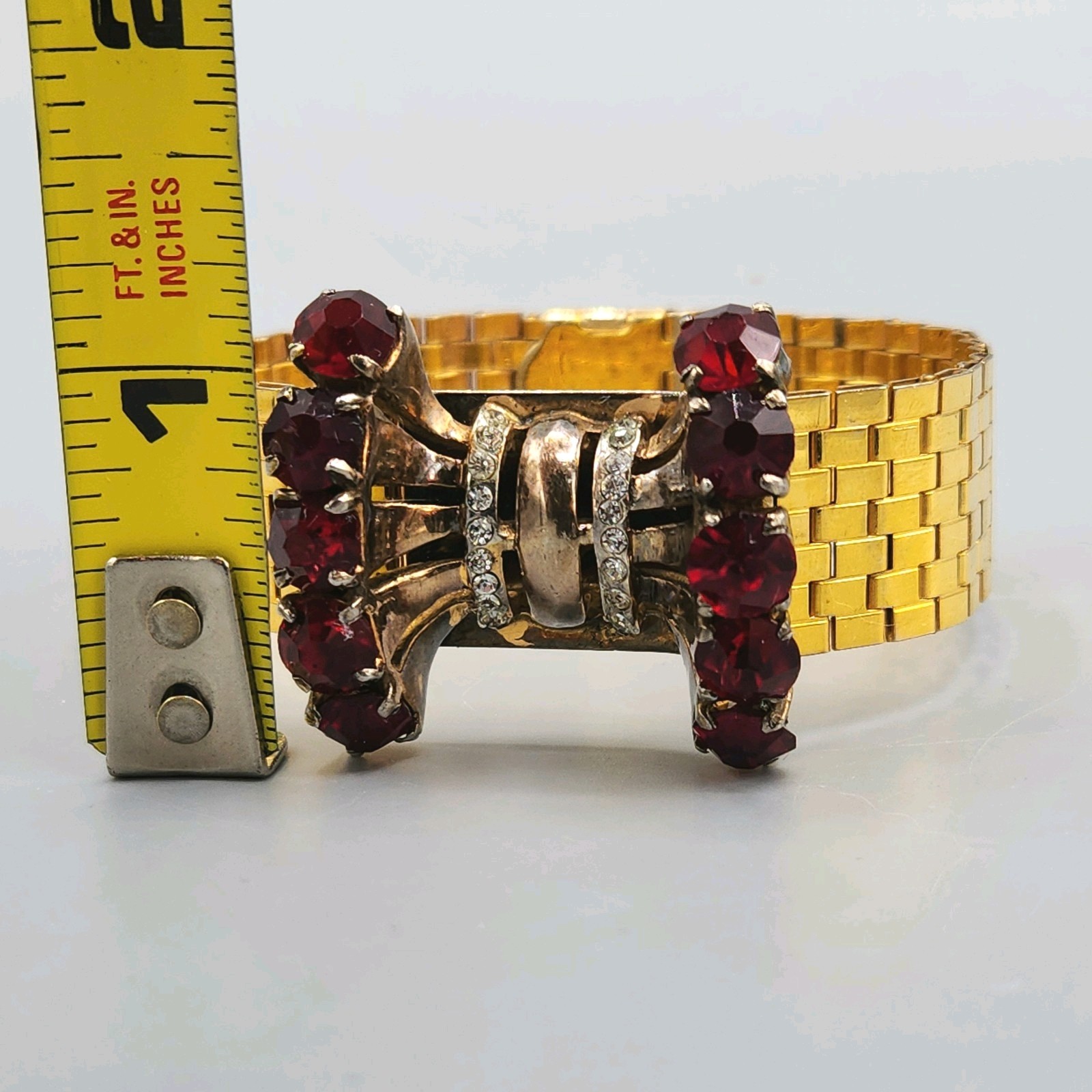 Unsigned Reinad Retro 12K GF Red Paste Crystal Brick Link Cuff Bracelet 6.5″