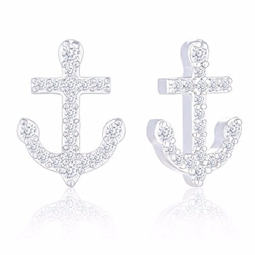 18k White Gold Plated Cubic Zirconia Anchor Stud Earrings by Orrous & Co.