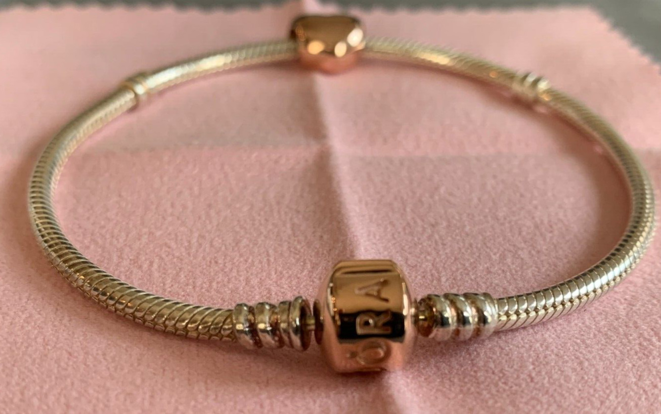 Pandora Rose Gold clasp Silver Bangle Bracelet 21cm 8.3″ 580702 & RG Heart charm