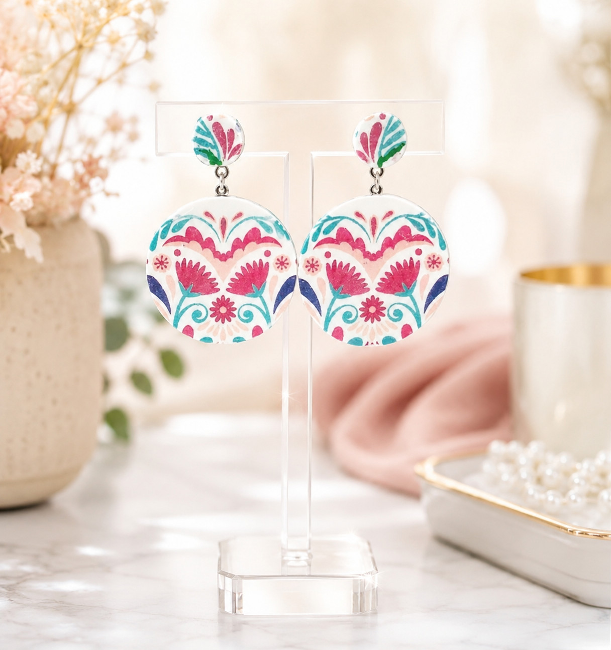 Mexican Floral Multicolor Clay Statement Earrings