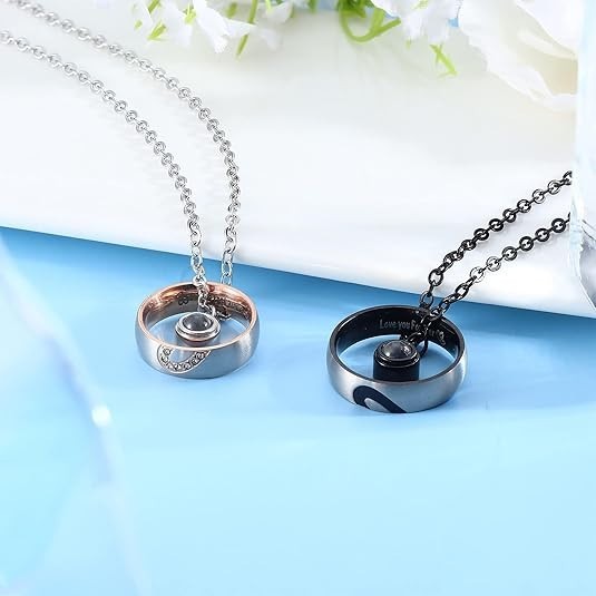 Stainless Steel Promise Couple Ring Pendant Necklace I LOVE YOU 100 Languages