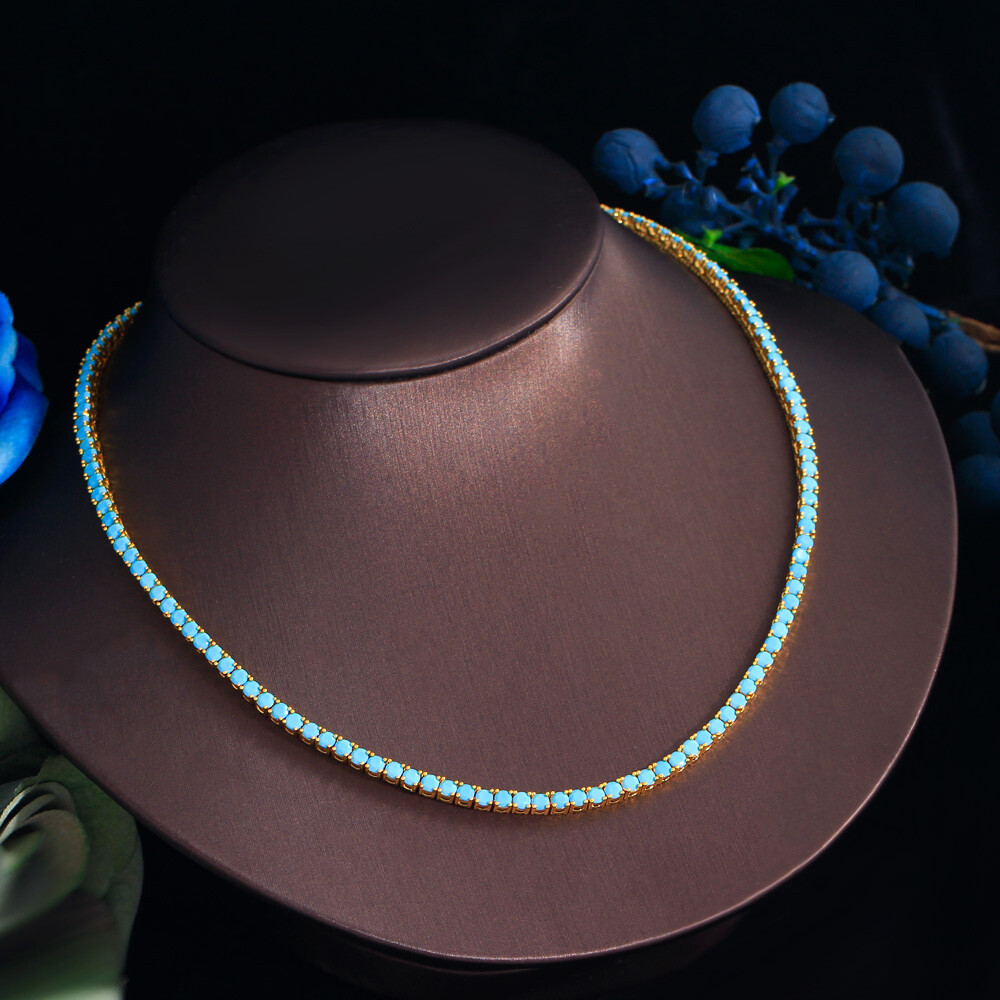Gold Plated Blue Turquoise Tennis Necklace Cubic Zirconia Women Wedding Jewelry