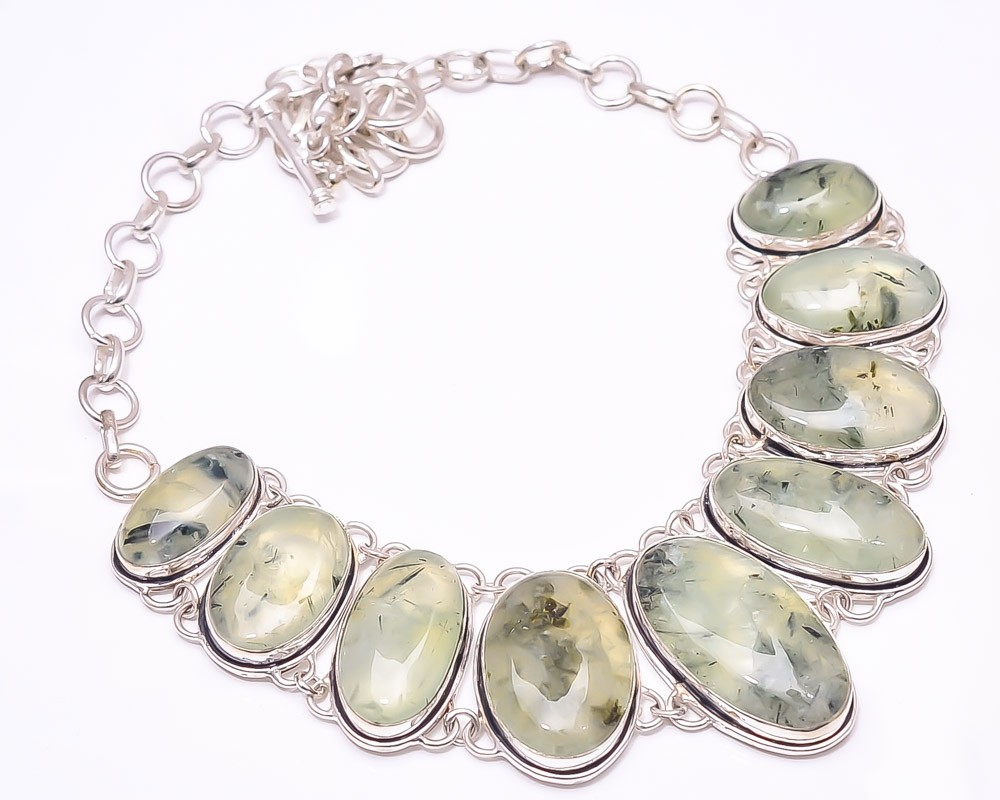 Moss Prehnite 925 Sterling Silver Bali Necklace 16-17.99″ N18, Christmas Gift