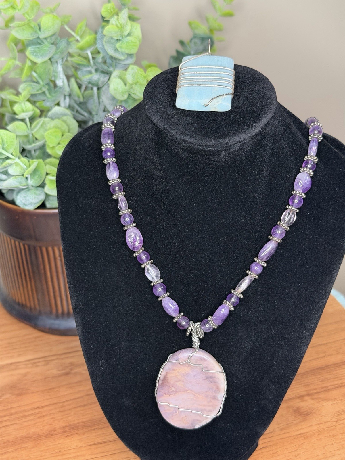 Artisan Purple Gemstone Beaded Necklace Large Stone Pendant Wire Wrapped Set
