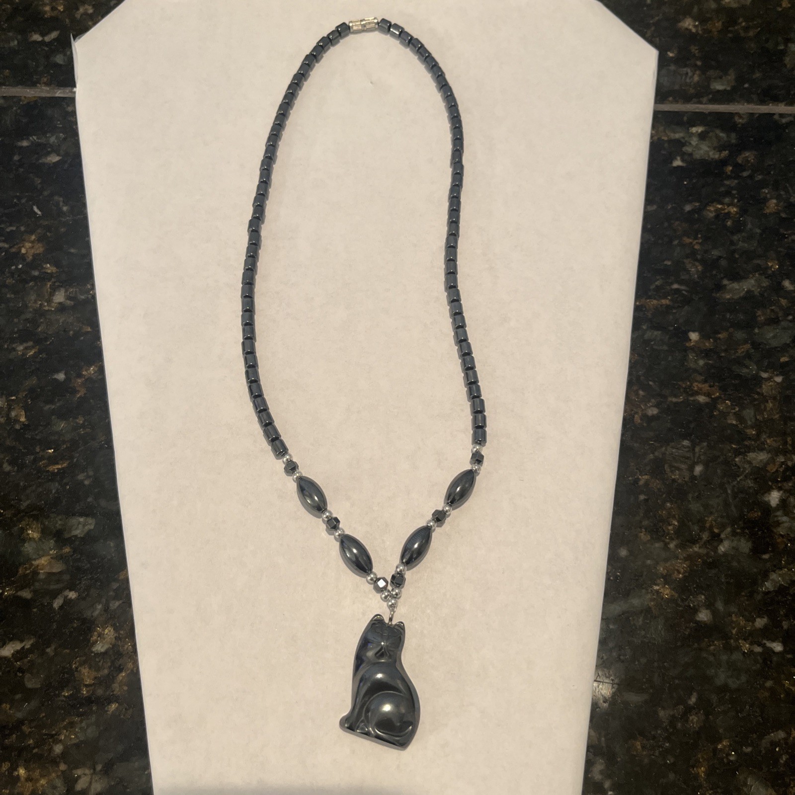 Black Hematite Cat Pendant Necklace – Beaded Chain, Vintage Style Kitty Jewelry