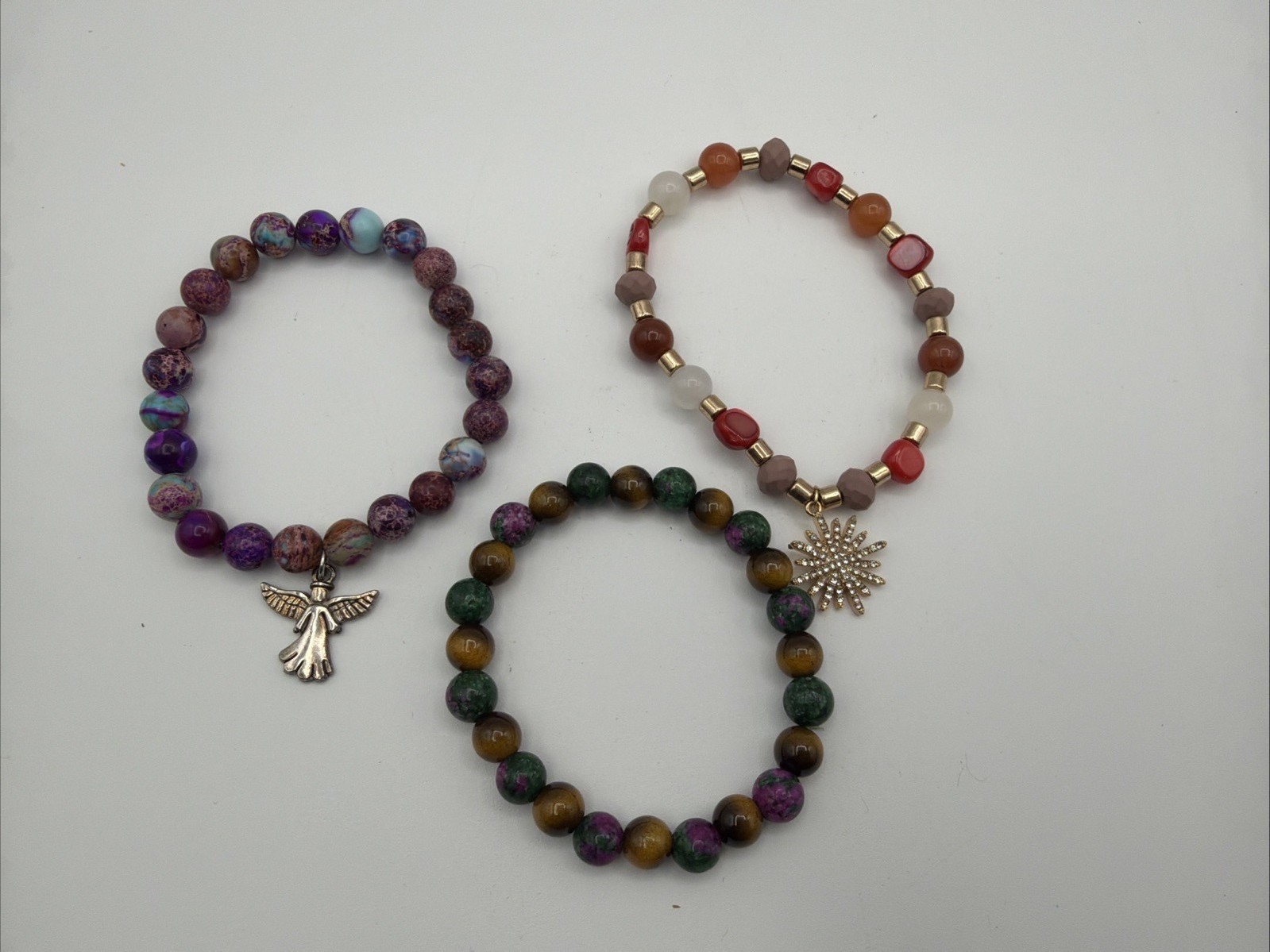 3 Pc Handmade Gemstone Stretch Bracelet Lot Carnelian Jasper Tiger Eye Anyolite