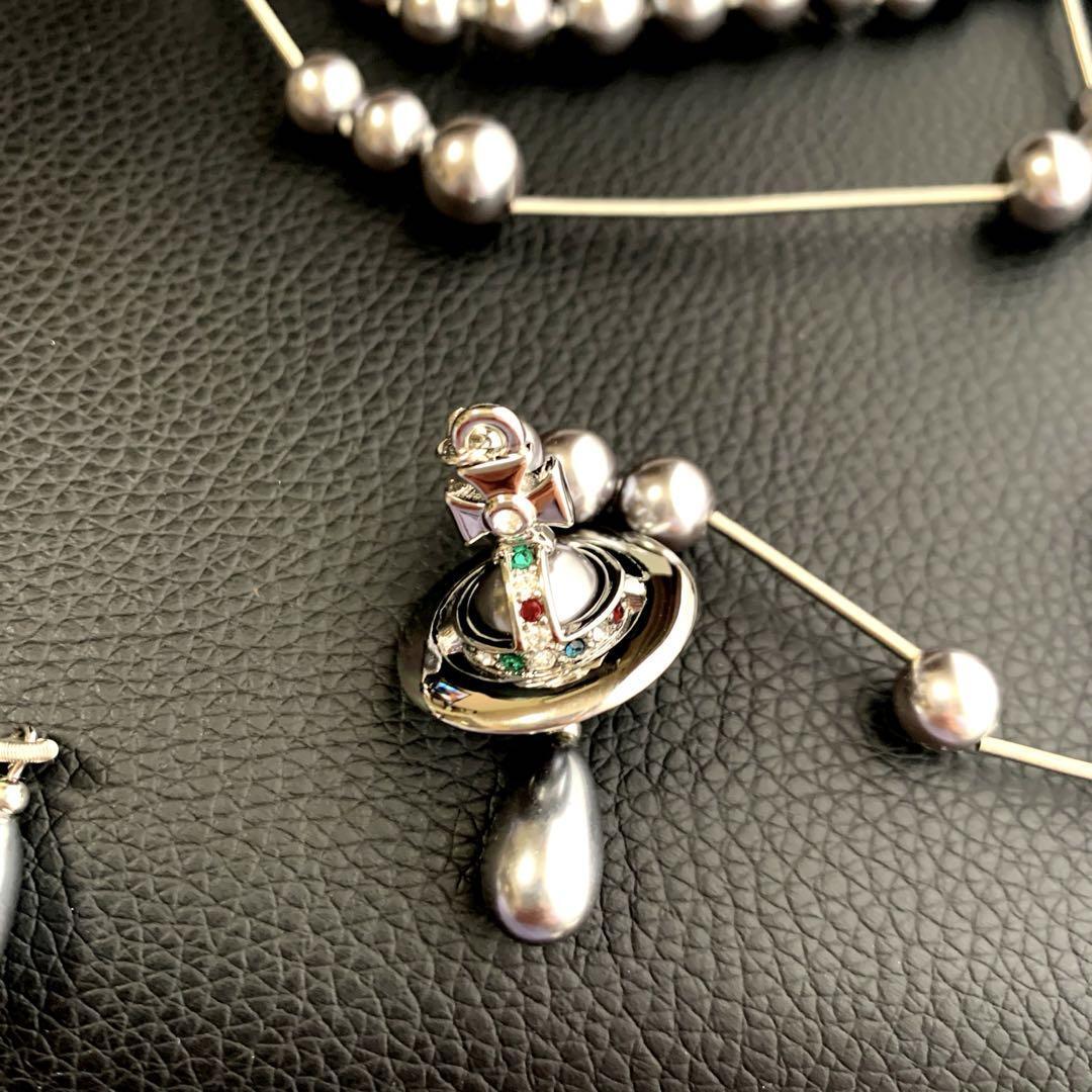 Vivienne Westwood Necklace Three Strands of Pearls Long Orb Gray IN BOX
