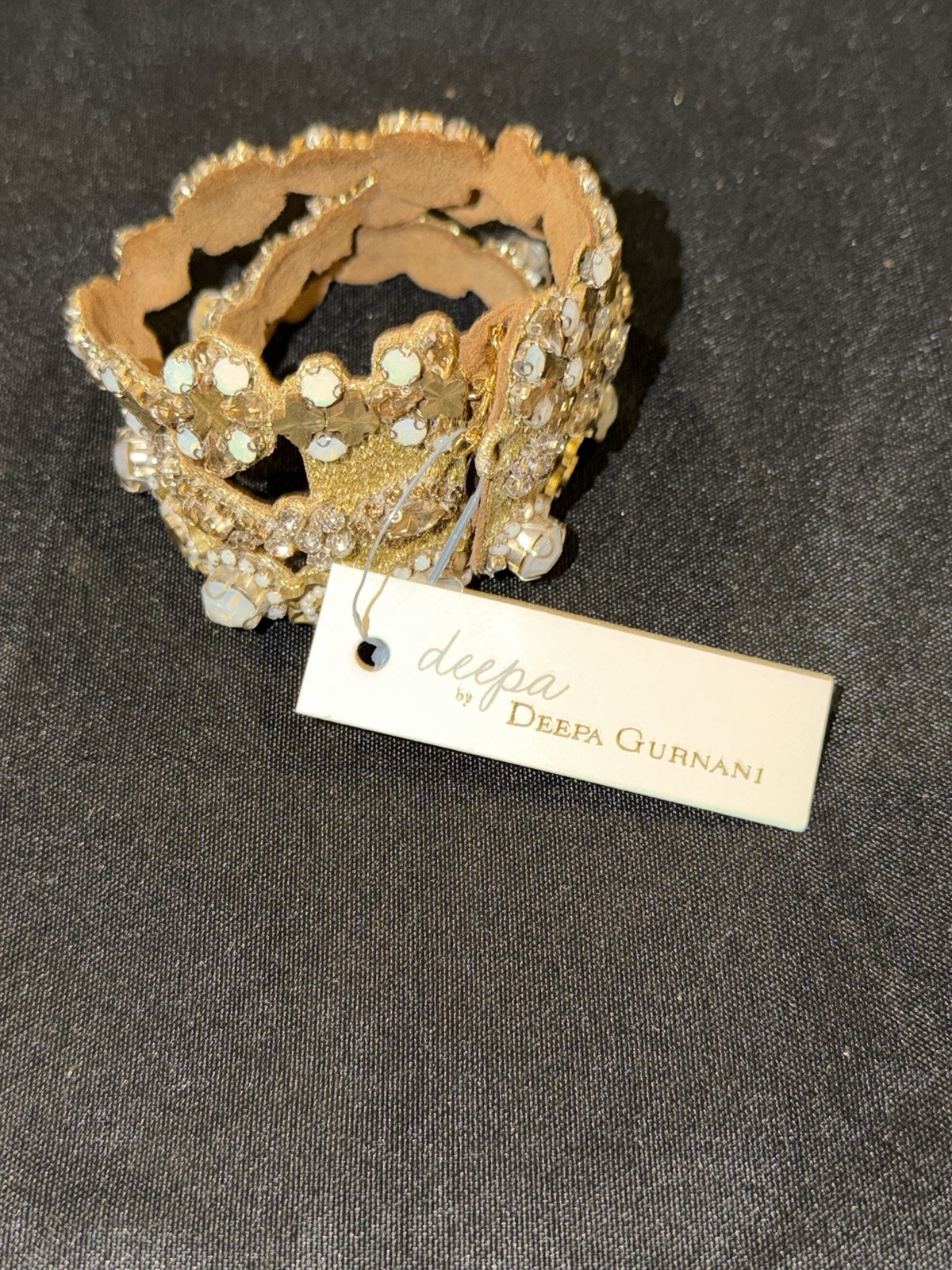 Deepa Gurnani Brass And Leather Bracelet With Stones NWT