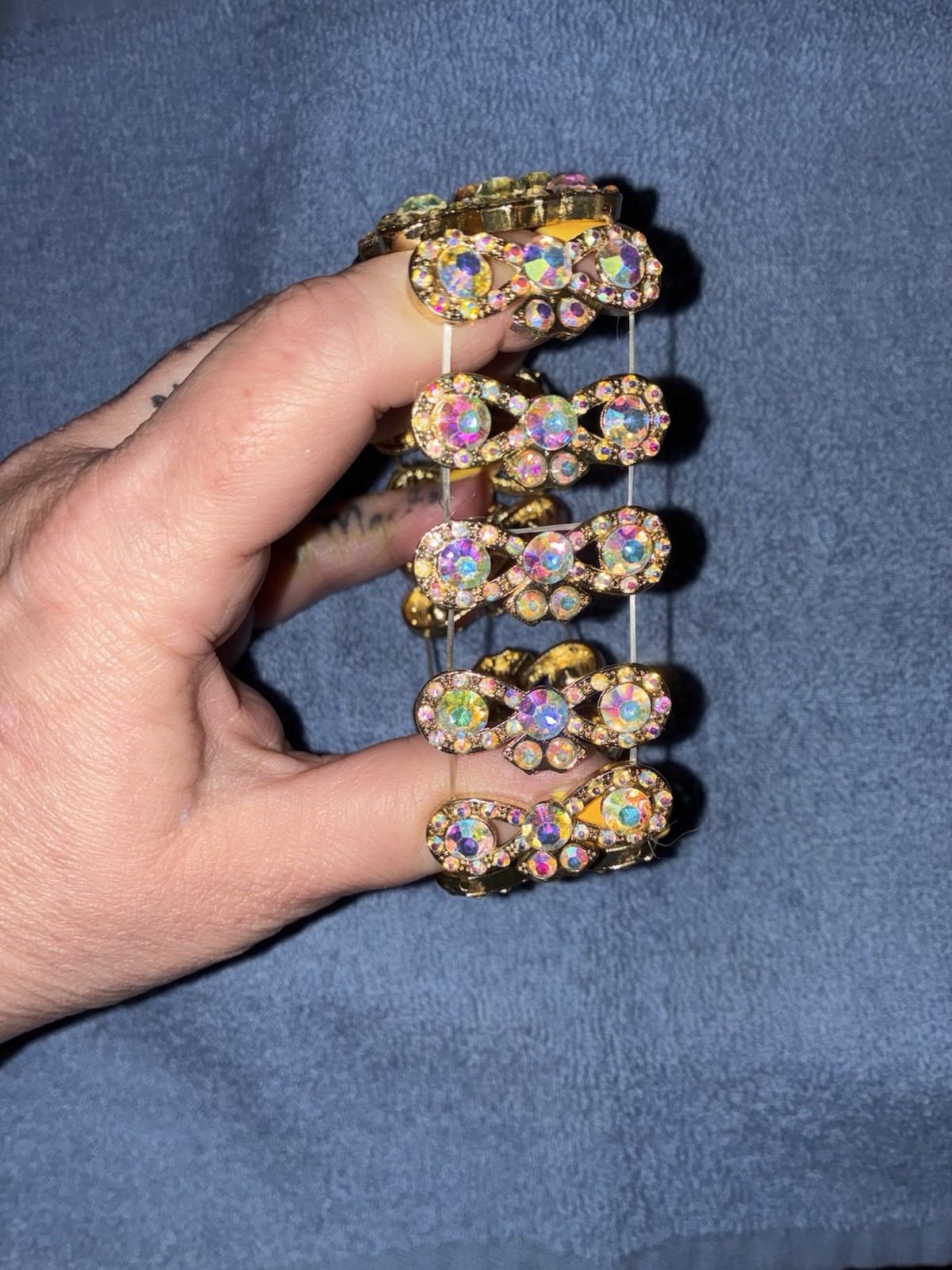 Gold Tone Stretch iridescent Bracelet Multcolor Round Crystal Rhinestones