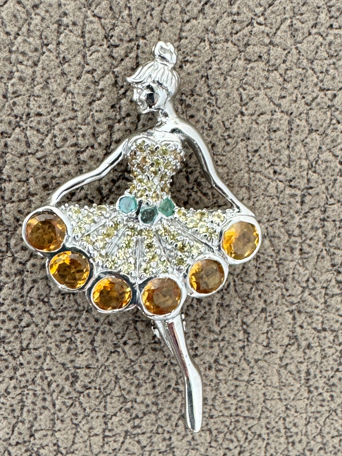 Art Sterling Silver Balerina Brooch, Round 6mm Cirtine 2mm Sapphire