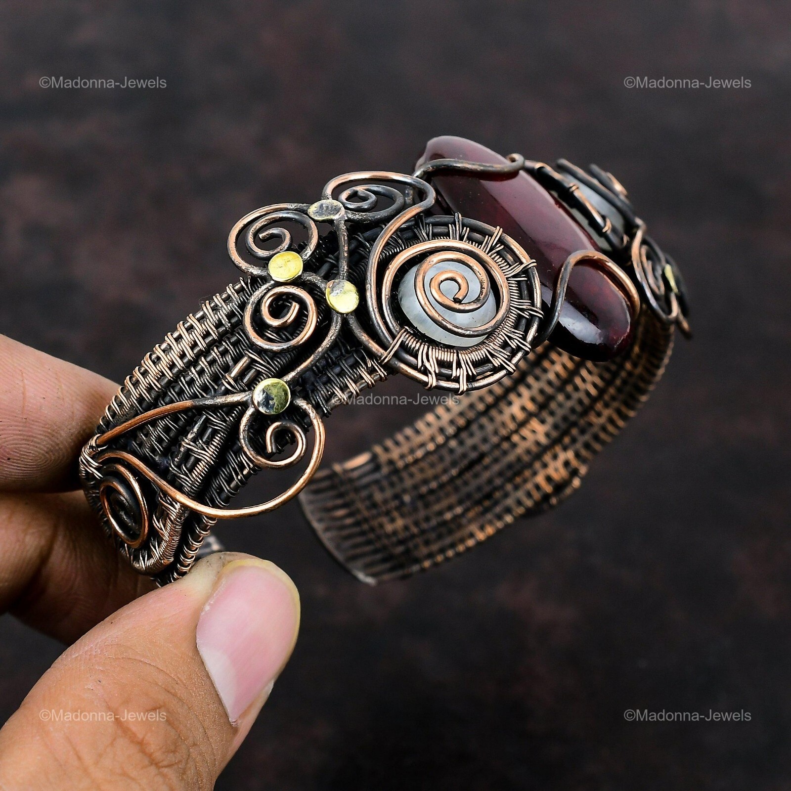 Red Fire Labradorite Copper Bestie Gift Wire Wrapped Cuff Adjustable Bangle