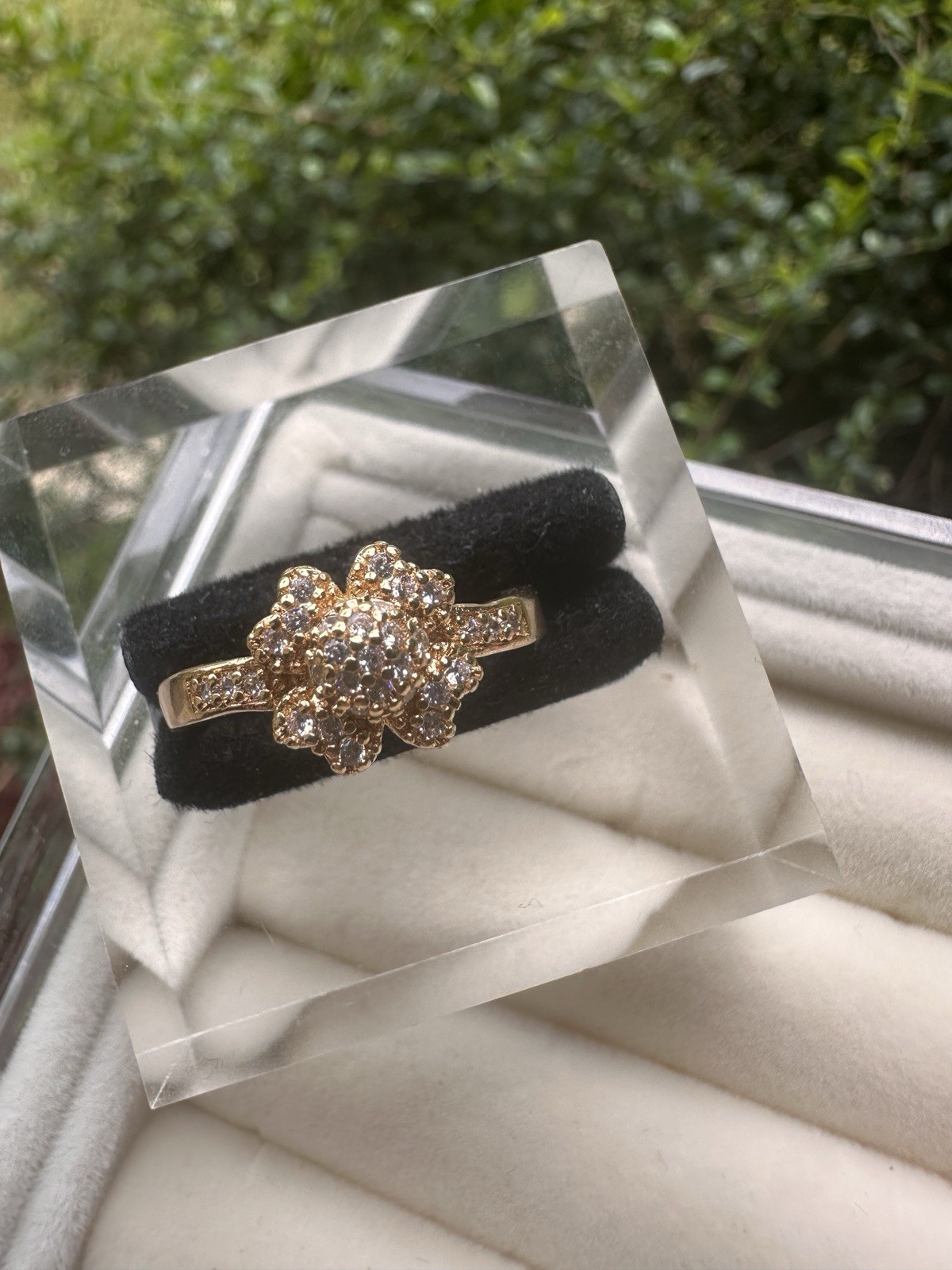 Gold-Tone Floral Cluster Ring with Clear Stones Stainless Steel Gifts