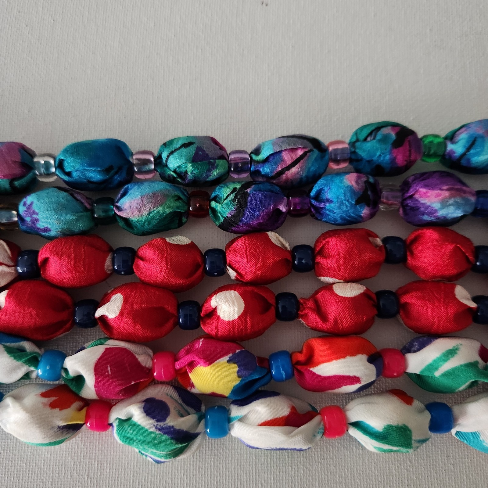 Vintage Lot of 3 Handmade Fabric Cloth Covered Wood Bead Necklaces 30″