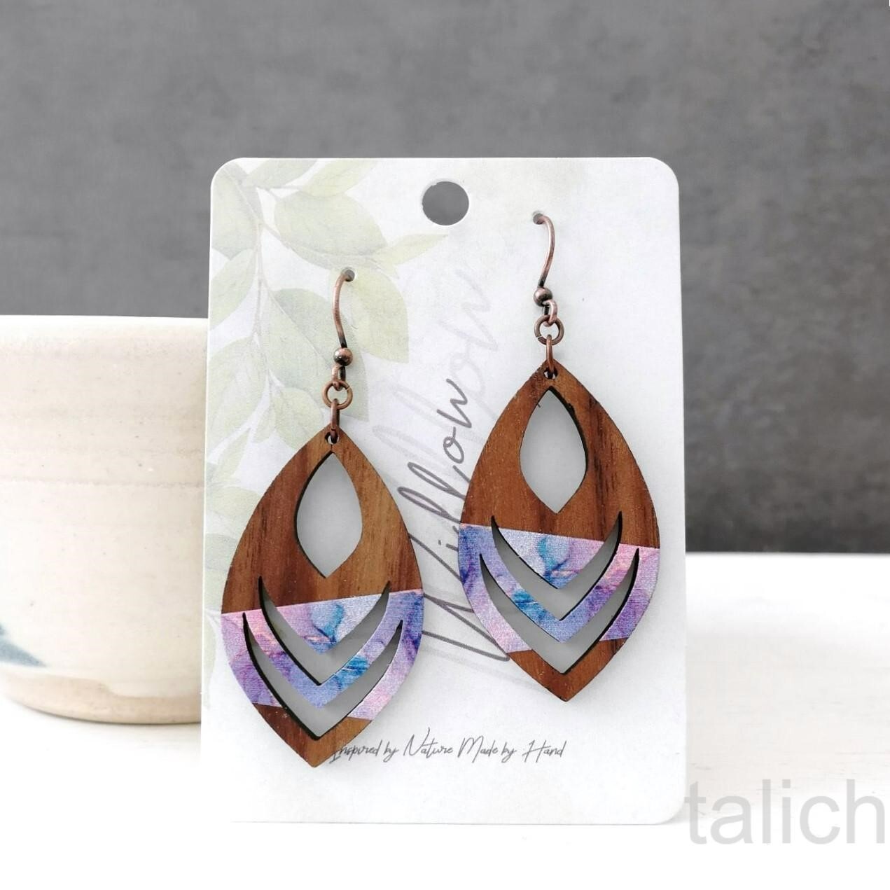 DC Designs Cutout Walnut Wood Earrings with Pink Purple Art Print Boho Chic E43W