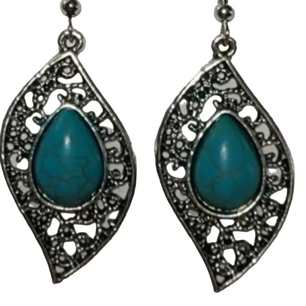 Silver Turquoise Stone Dangle Drop Fashion Earrings Set of 5 ~ NEW