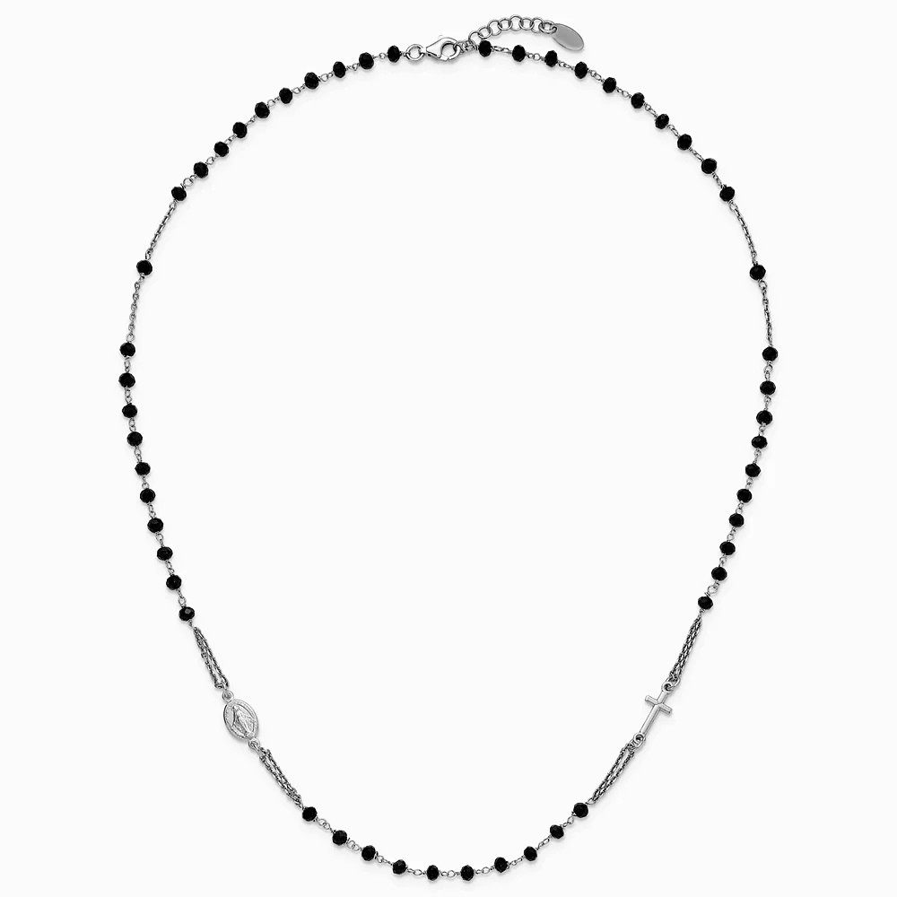 Sterling Silver RH-Plated Blk Crystal 20in W/.5in Ext Rosary Themed Necklace