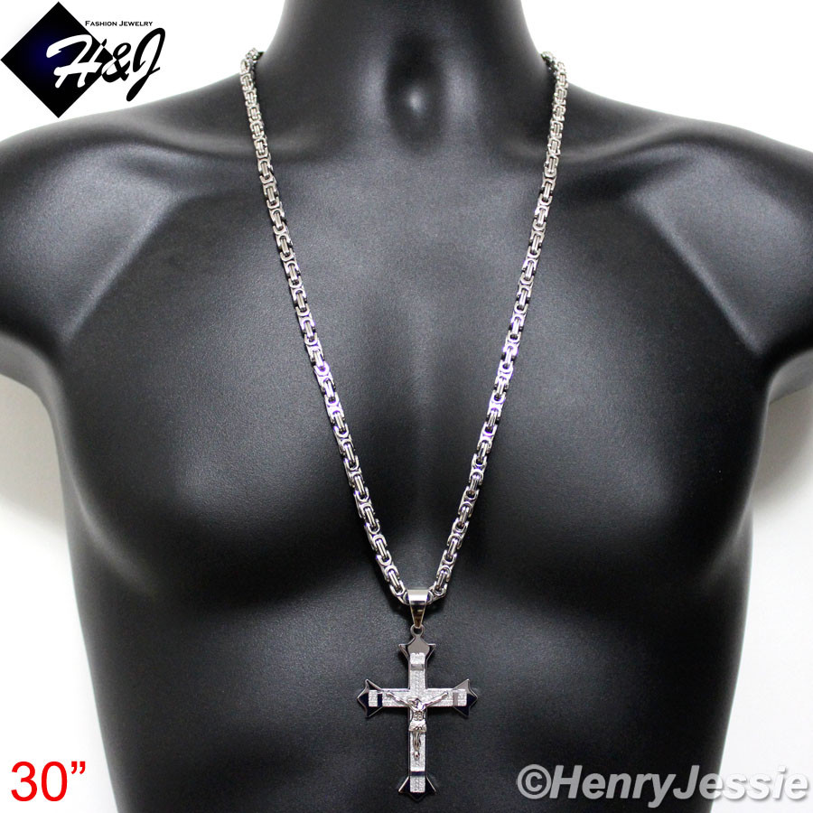 30″MEN Stainless Steel 6mm Silver Byzantine Box Chain Necklace Cross Pendant*J28