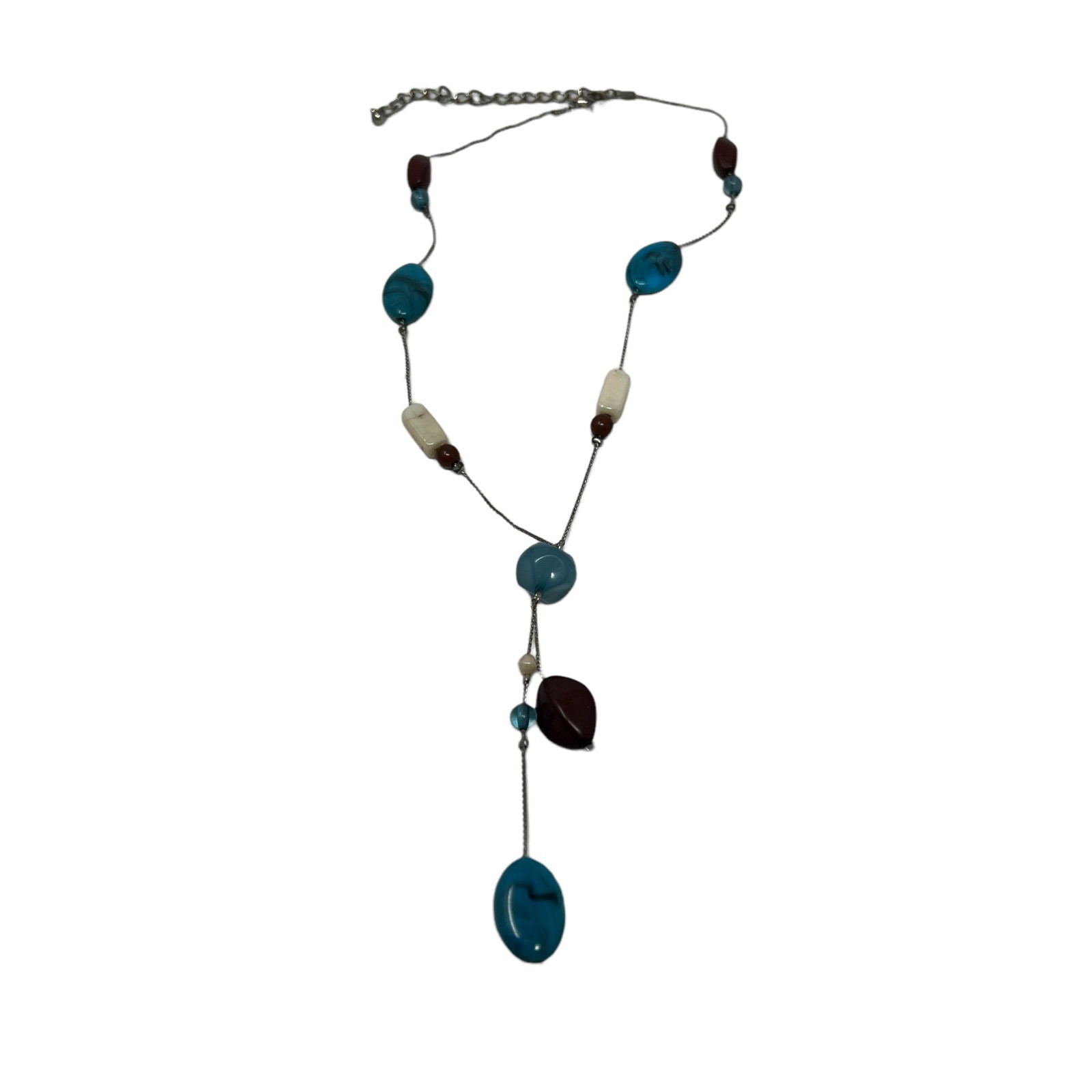 Silver Tone Necklace Teal Blue Tan Beads Lariat Choker
