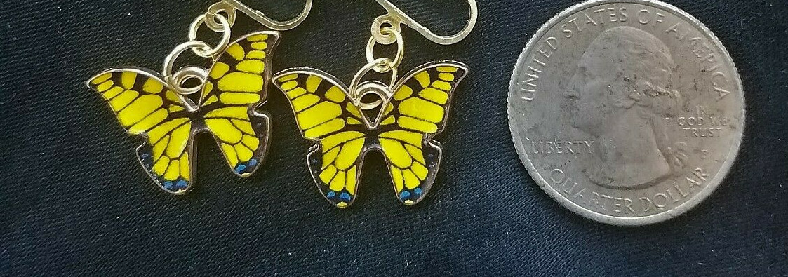 Yellow Gold Black Enamel Tiger Swallowtail Butterfly PIERCED Dangle Earrings