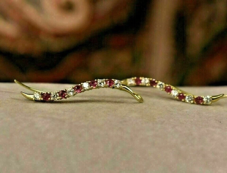 2Ct Round Simulated Ruby & Diamond Ear Cuff stud Earrings 14K Yellow Gold Plated
