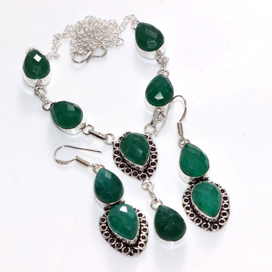 Pretty Simulated Emerald 925 Silver Plated Necklace Earrings Set 18|2.1″ MJ
