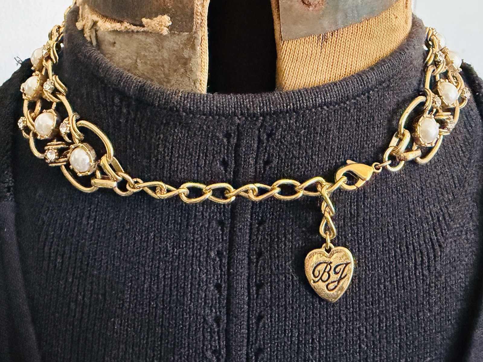Vintage Betsey Johnson Gold-Tone Leopard Lucite Hearts & Faux Pearl Necklace