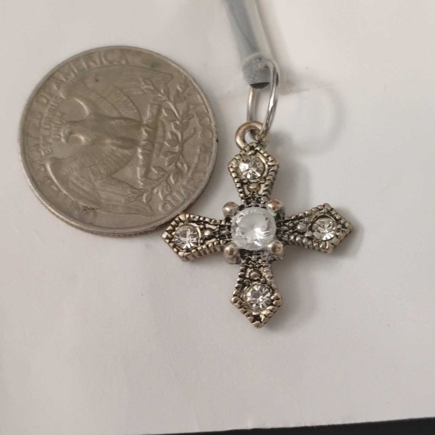 Silver Tone Cross Charm Pendant Cord Necklace, Clear Round Crystal, Lobster